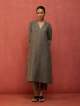 Rena Hand-Embroidered Linen Kurta - Grey