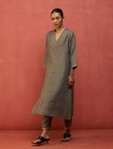 Rena Hand-Embroidered Linen Kurta Set - Grey