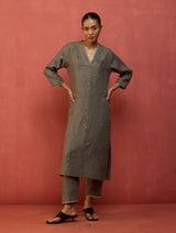 Rena Hand-Embroidered Linen Kurta Set - Grey