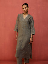 Rena Hand-Embroidered Linen Kurta - Grey