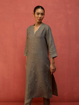 Rena Hand-Embroidered Linen Kurta Set - Grey