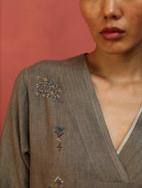 Rena Hand-Embroidered Linen Kurta - Grey