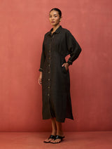 Masaru Buttoned Linen Dress - Charcoal