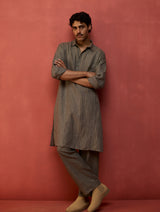 Maso Stripe Linen Kurta Set - Grey
