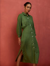 Masaru Buttoned Linen Dress - Fern Green