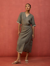 Karo Stripe Linen Wrap Dress - Grey