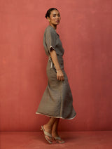 Karo Stripe Linen Wrap Dress - Grey