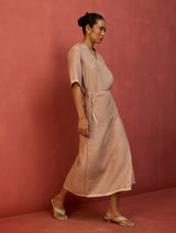 Karo Stripe Linen Wrap Dress - Dusty Rose