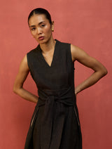 Tako Sleeveless Linen Knot Dress - Charcoal