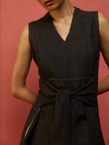 Tako Sleeveless Linen Knot Dress - Charcoal