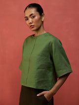 Mariko Cropped Linen Top - Fern Green