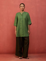 Sumire Curved Hem Linen Top - Fern Green