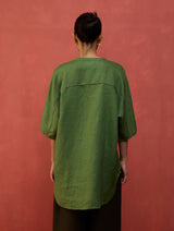 Sumire Curved Hem Linen Top - Fern Green