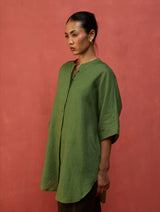 Sumire Curved Hem Linen Top - Fern Green