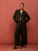 Nako Crop Linen Co-ord Set - Olive Charcoal