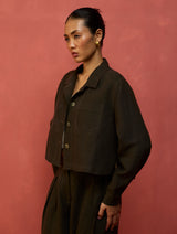 Nako Crop Linen Jacket - Olive Charcoal