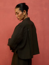 Nako Crop Linen Co-ord Set - Olive Charcoal