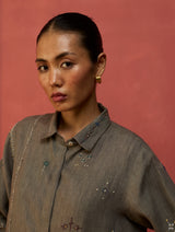 Kira Hand-Embroidered Linen Shirt - Grey