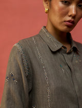 Kira Hand-Embroidered Linen Shirt - Grey