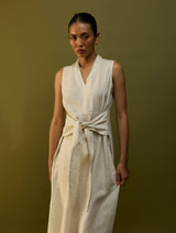 Tako Sleeveless Linen Knot Dress - Off White