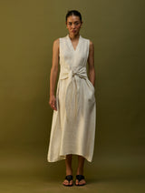 Tako Sleeveless Linen Knot Dress - Off White