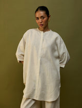 Sumire Curved Hem Linen Top - Off White