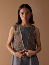 Riza Hand-Embroidered Vest - Metallic Grey
