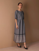 Mara Metallic Linen Gathered Dress - Metallic Grey