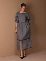 Mara Metallic Linen Gathered Dress - Metallic Grey