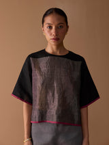 Ozra Cropped Linen Top - Metallic Black