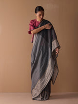 Zana Metallic Handloom Linen Saree - Metallic Grey