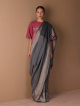 Zana Metallic Handloom Linen Saree - Metallic Grey