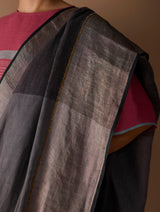 Zana Metallic Handloom Linen Saree - Metallic Grey