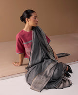 Zana Metallic Handloom Linen Saree - Metallic Grey