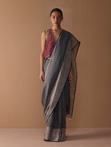 Zana Metallic Handloom Linen Saree - Metallic Grey