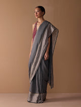 Zana Metallic Handloom Linen Saree - Metallic Grey