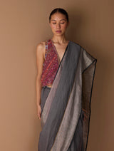 Zana Metallic Handloom Linen Saree - Metallic Grey