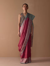 Zana Metallic Handloom Linen Saree - Metallic Crimson