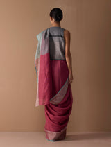 Zana Metallic Handloom Linen Saree - Metallic Crimson