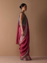 Zana Metallic Handloom Linen Saree - Metallic Crimson