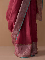 Zana Metallic Handloom Linen Saree - Metallic Crimson
