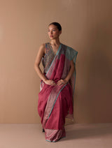 Zana Metallic Handloom Linen Saree - Metallic Crimson