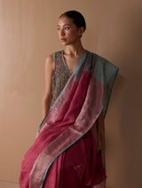 Zana Metallic Handloom Linen Saree - Metallic Crimson