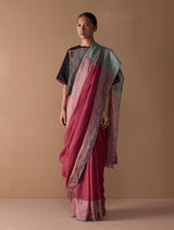 Zana Metallic Handloom Linen Saree - Metallic Crimson