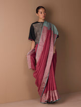 Zana Metallic Handloom Linen Saree - Metallic Crimson