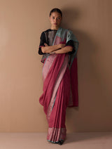 Zana Metallic Handloom Linen Saree - Metallic Crimson