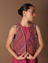 Riza Hand-Embroidered Vest - Metallic Crimson