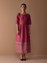 Mara Metallic Linen Gathered Dress - Metallic Crimson