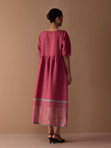 Mara Metallic Linen Gathered Dress - Metallic Crimson