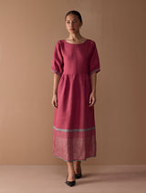 Mara Metallic Linen Gathered Dress - Metallic Crimson